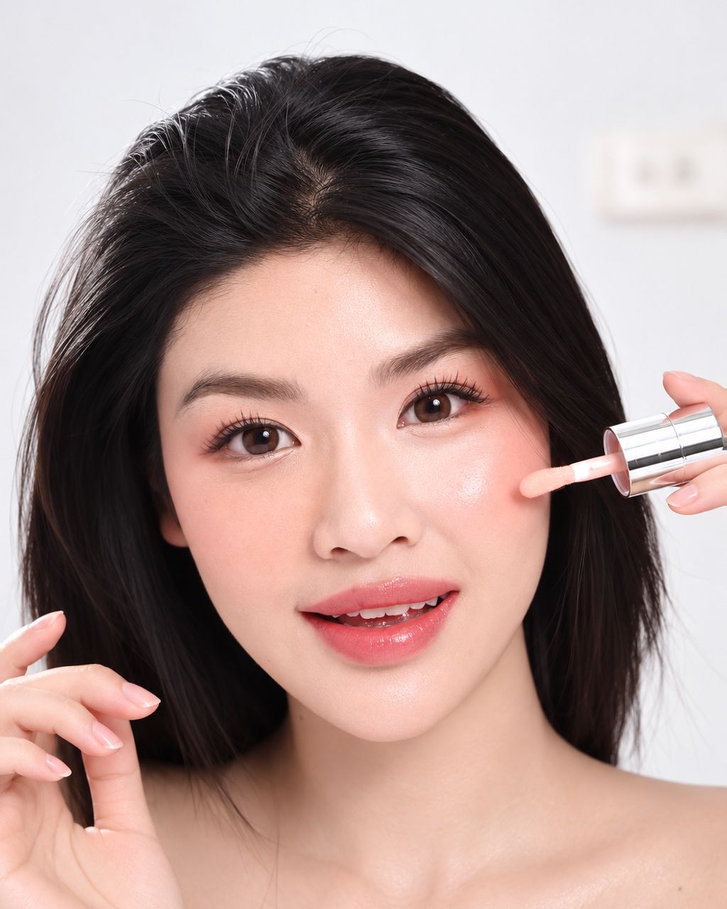Người mẫu dùng đầu silicone của má hồng kem NUU Velvet Flush màu Magic Glow